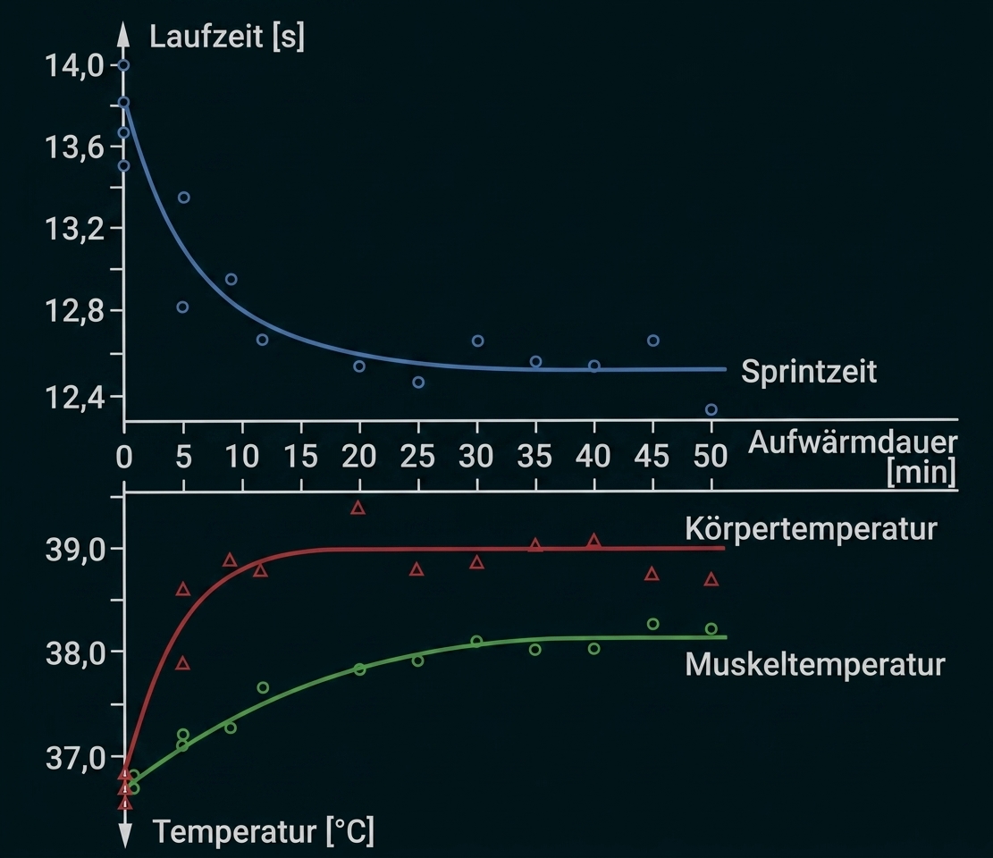 Diagramm zu Sprintzeit, Körpertemperatur und Muskeltemperatur während der Aufwärmdauer.
